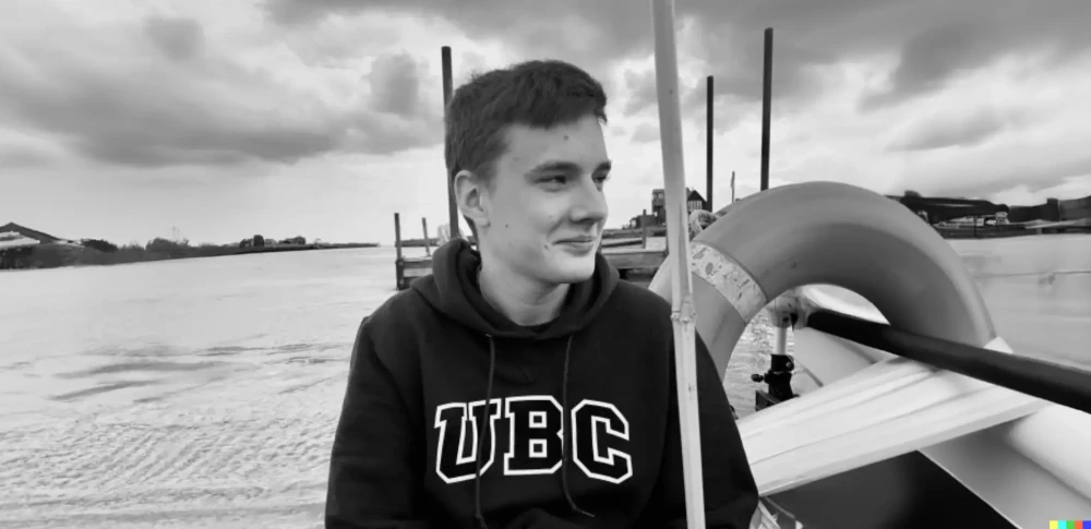 Black and white picture of Ben, the creator of this website, wearing a hoddie with UBC written on it.